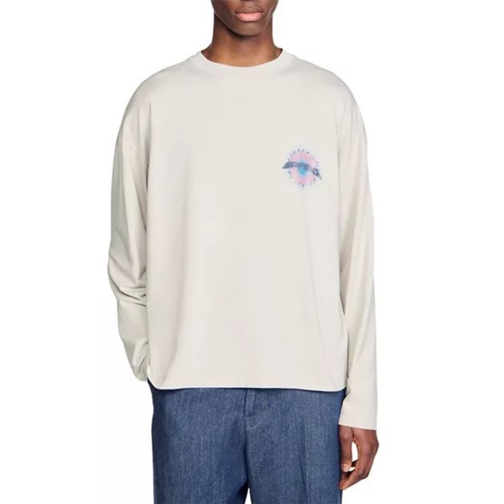 Sandro Paris Mens SS25 Surf Sun Tee LS Vintage White Long‎ Sleeve Shirt L NEW